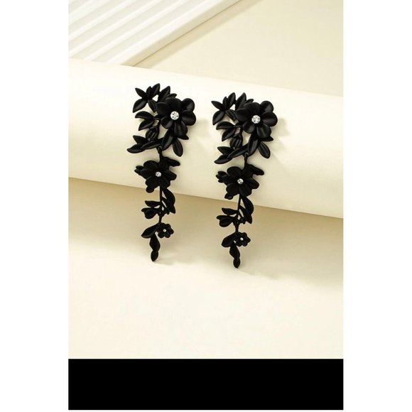 black flower earrings big rhinestone rose metal long wedding party  vine - Picture 3 of 4